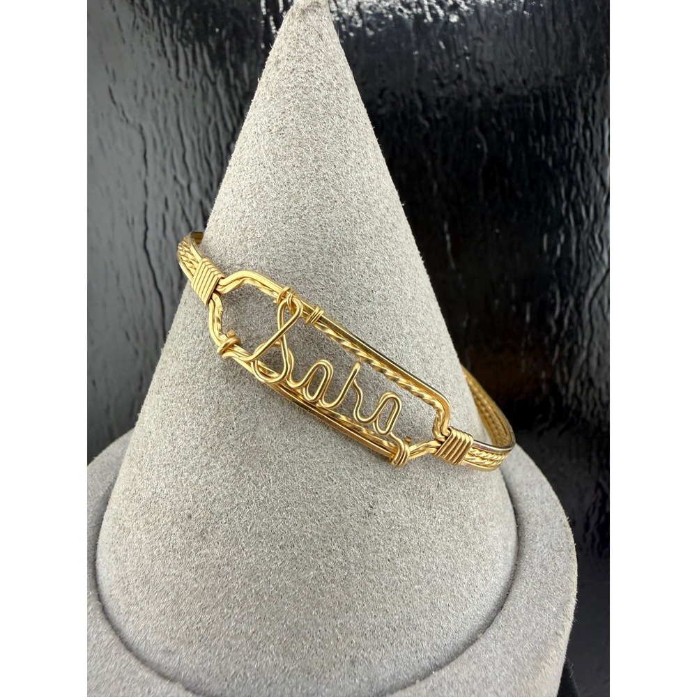Vintage ID Bracelet Gold Tone Sara Hinged Bangle Twisted Wire 6”